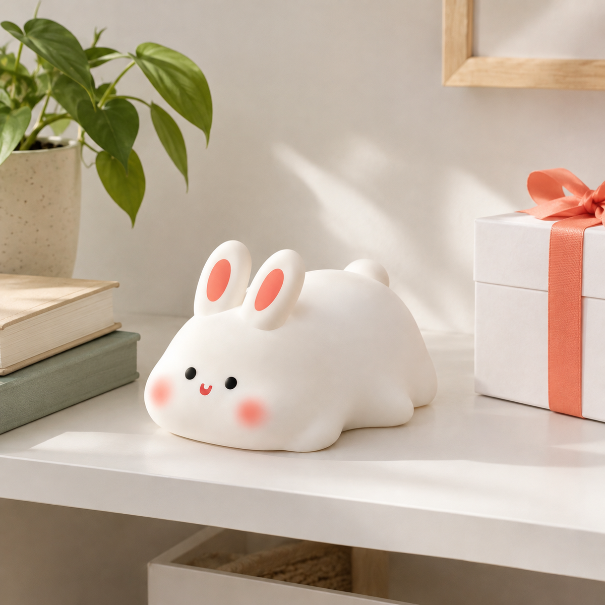 Lámpara conejito encendida decorando una estantería