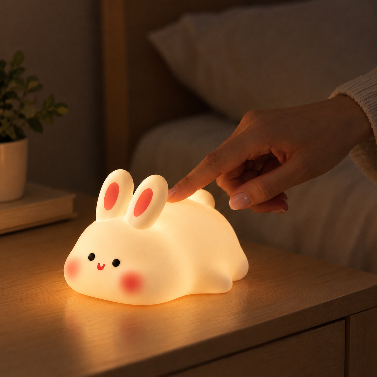 Lámpara conejito encendida con luz nocturna cálida y acogedora